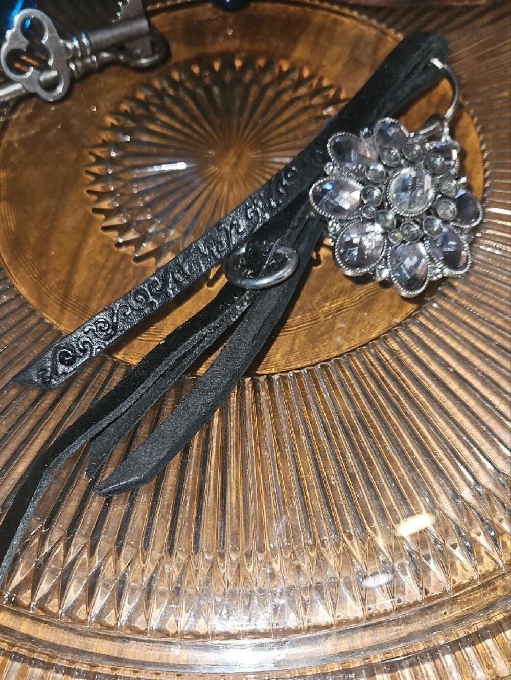 Handmade Genuine Leather Tassel Keychain Purse Charm w Crystal Flower Accent NEW